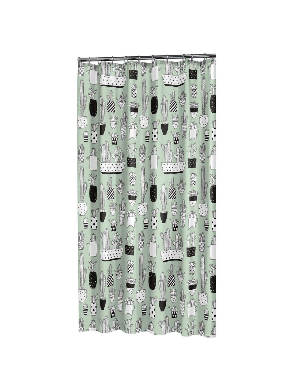 Duschvorhang Cactus mit Kaktus-Print, Kunststoff (PEVA), wasserdicht, Grün, Schwarz, Weiss, 180 x 200 cm