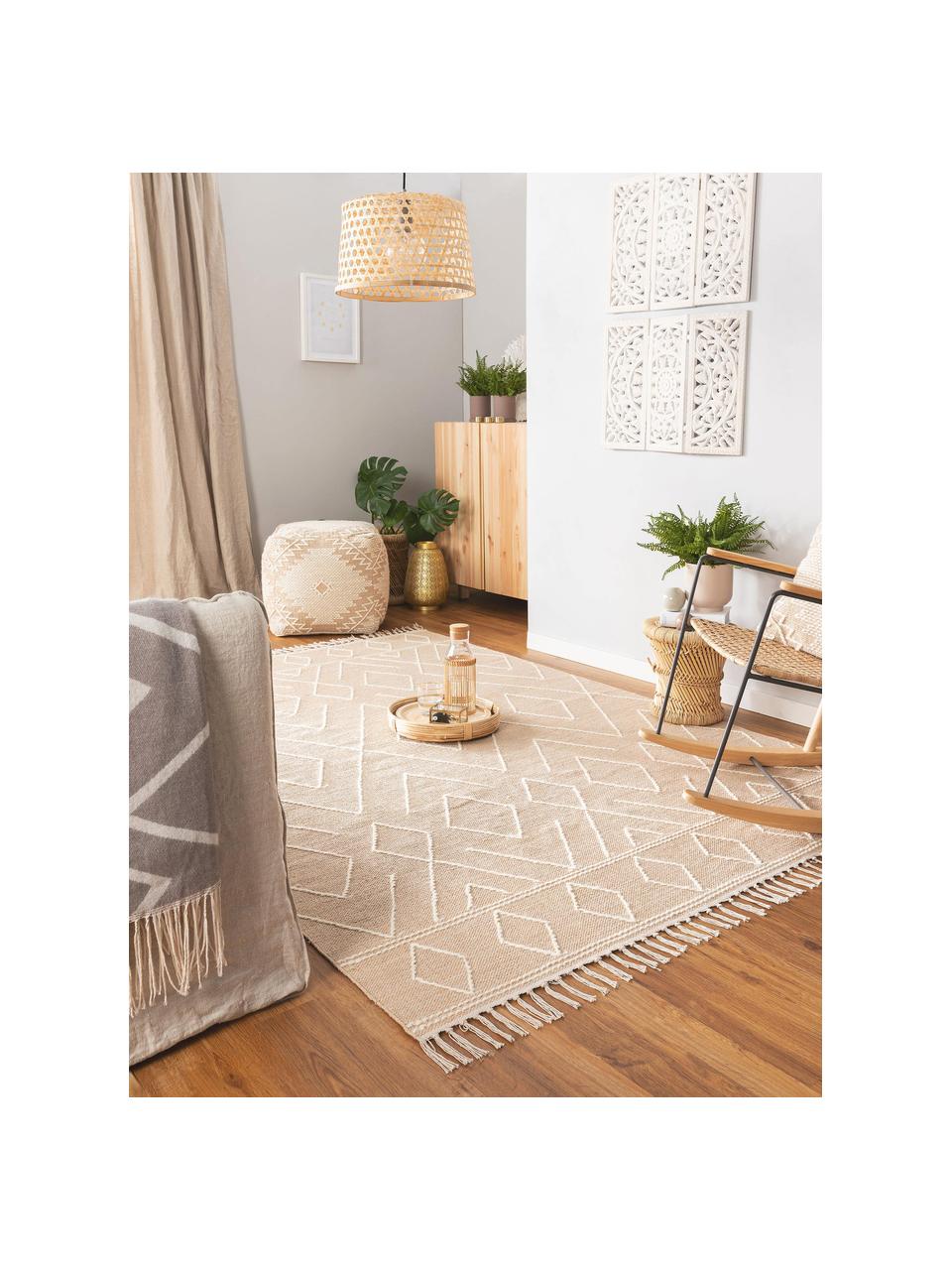 Handgewebter Boho-Teppich Sydney mit Fransen, 60% Baumwolle, 40% Wolle, Beige, Creme, B 120 x L 170 cm (Größe S)