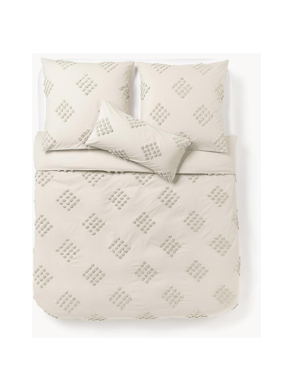 Baumwollperkal-Bettwäsche Fia in Beige mit getufteter Verzierung, Webart: Perkal Fadendichte 180 TC, Beige, 200 x 200 cm + 2 Kissen 80 x 80 cm