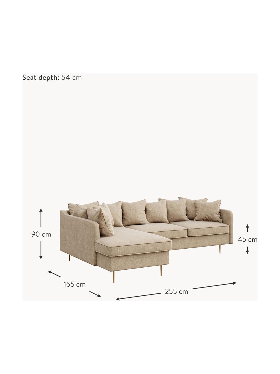 Sofa narożna Esme (4-osobowa), Tapicerka: 100% poliester Dzięki tka, Nogi: metal powlekany, Beżowa tkanina, S 255 x G 165 cm, lewostronna