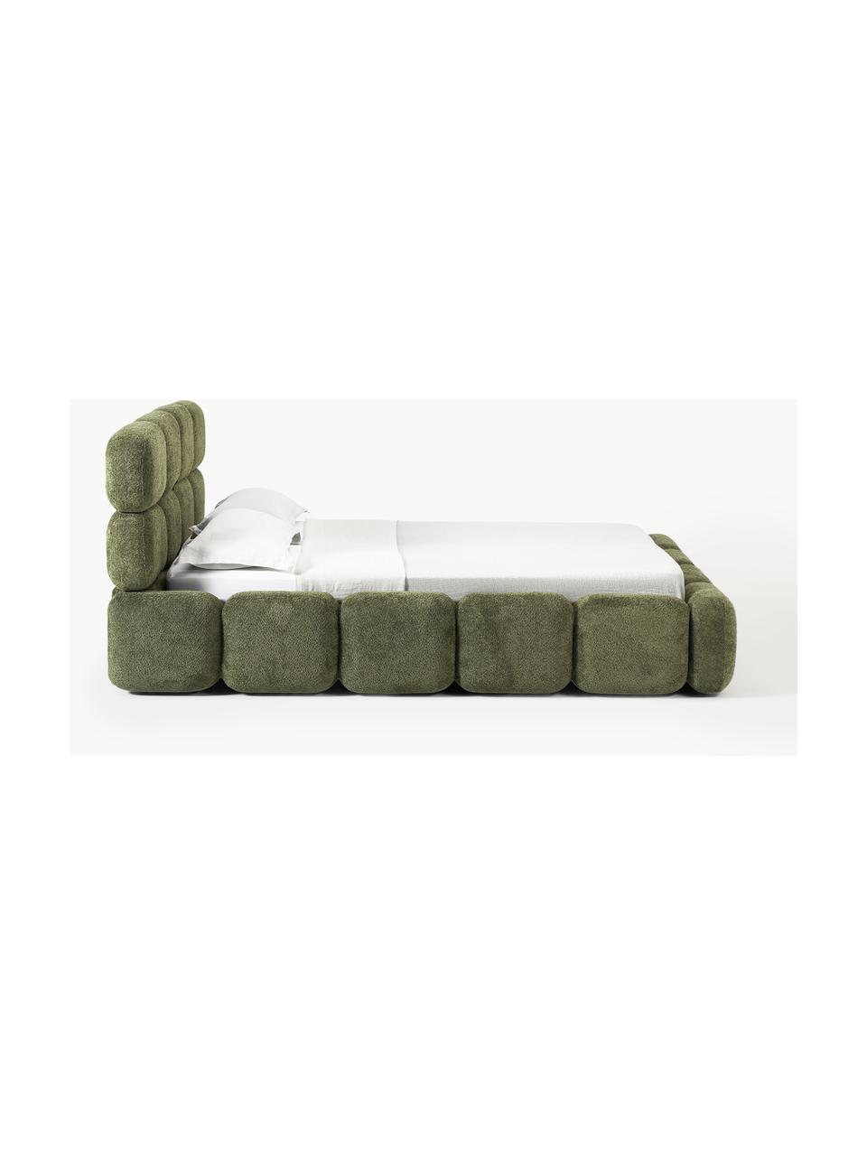 Lit matelassé en peluche-bouclette avec rangement Tayla, Peluche-bouclette vert foncé, larg. 140 x long. 200