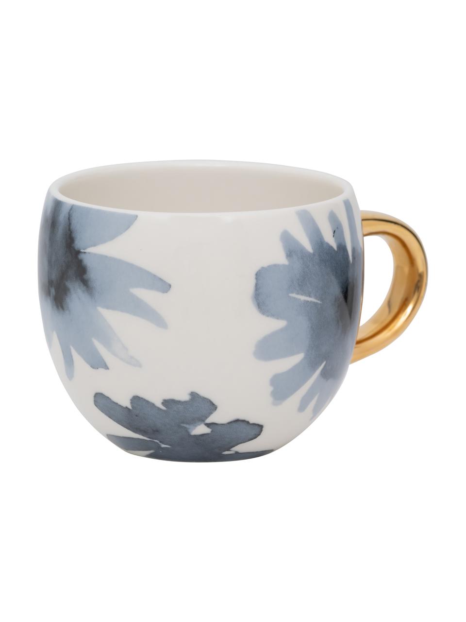 Bemalte Tasse Good Evening mit goldenem Griff, Steingut, Weiß, Blau, Goldfarben, Ø 11 x H 9 cm