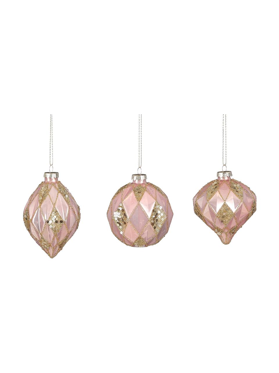 Baumanhängern Theresia Ø 8 cm, 12 Stück, Glas, Goldfarben, Rosa, Ø 8 x H 8 cm