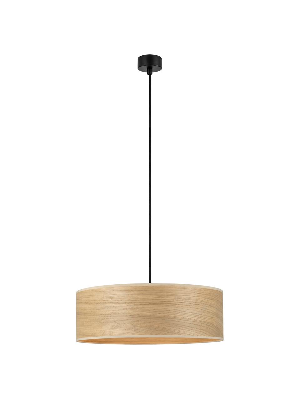 Hanglamp Tsuri van eikenhout, Lampenkap: eikenhout, Baldakijn: gepoedercoat metaal, Eikenhoutkleurig, zwart, Ø 45 x H 169 cm