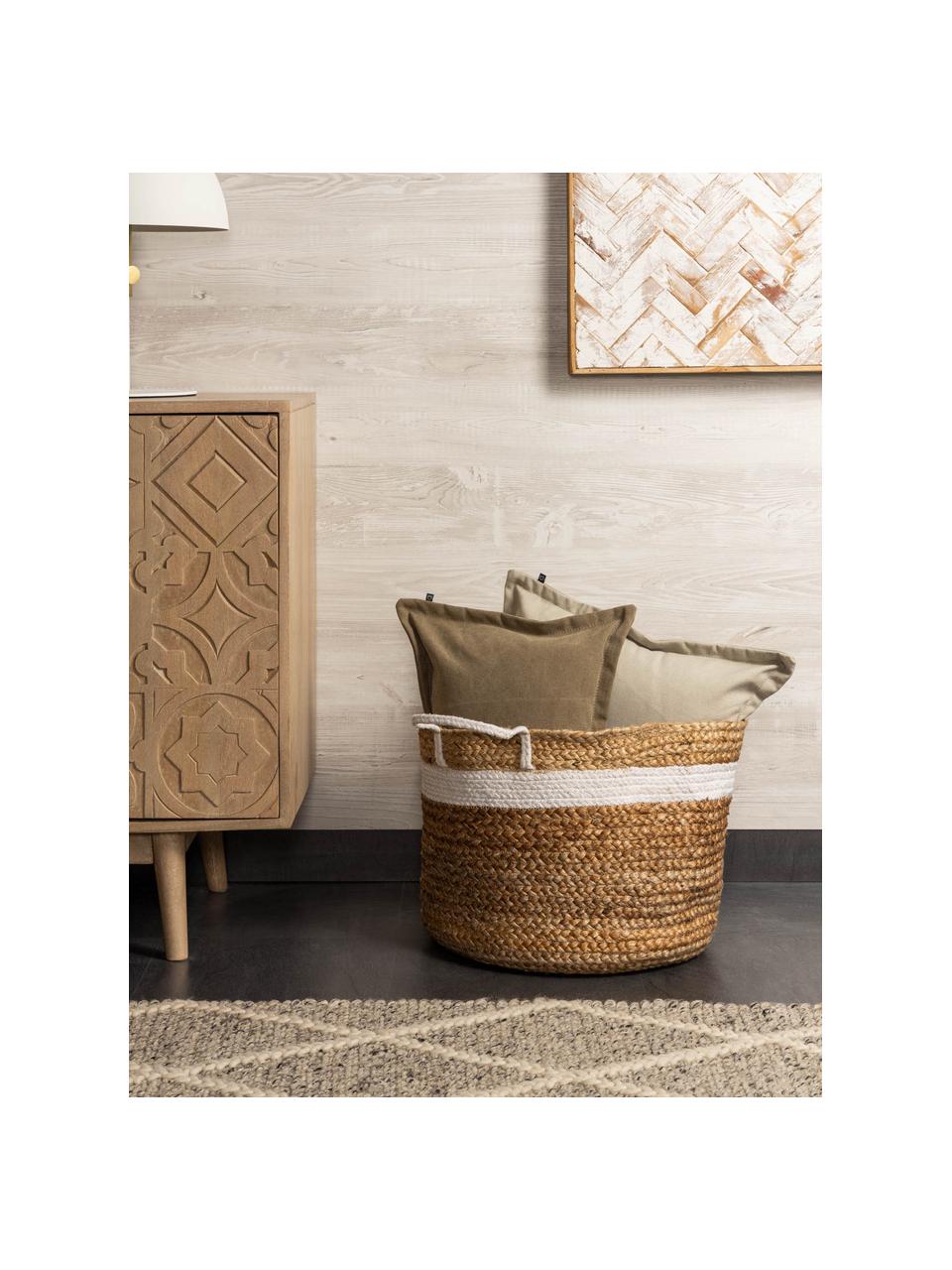 Opbergmand Saht van Jute, Mand: jute, Decoratie: katoen, Beige, wit, Ø 40 x H 30 cm