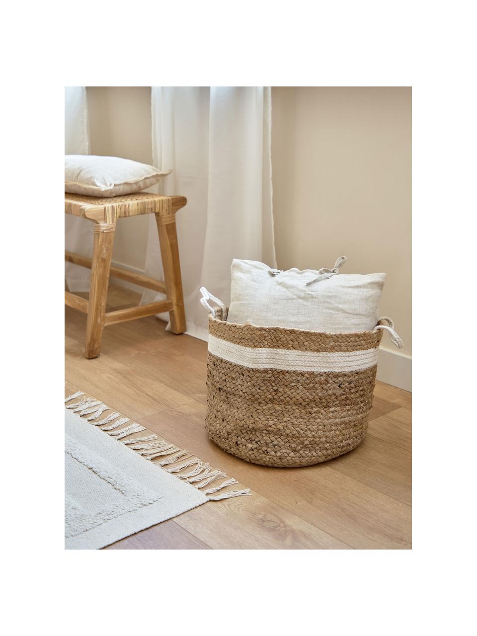 Opbergmand Saht van Jute, Mand: jute, Decoratie: katoen, Beige, wit, Ø 40 x H 30 cm