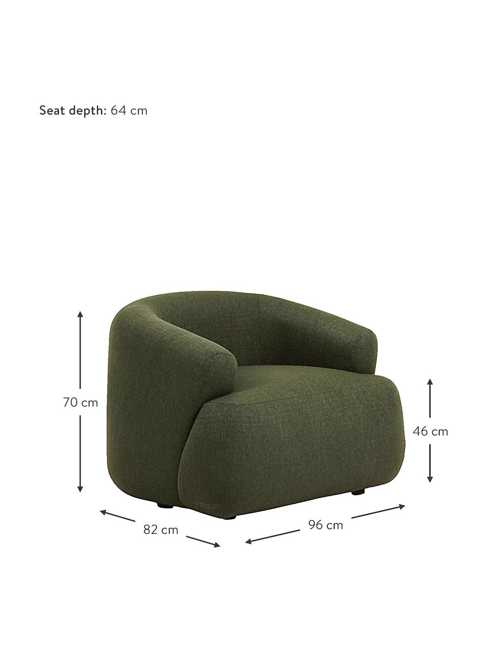 Fauteuil Sofia in groen, Bekleding: 100% polypropyleen, Frame: massief grenenhout, spaan, Poten: kunststof, Geweven stof groen, B 96 x D 82 cm