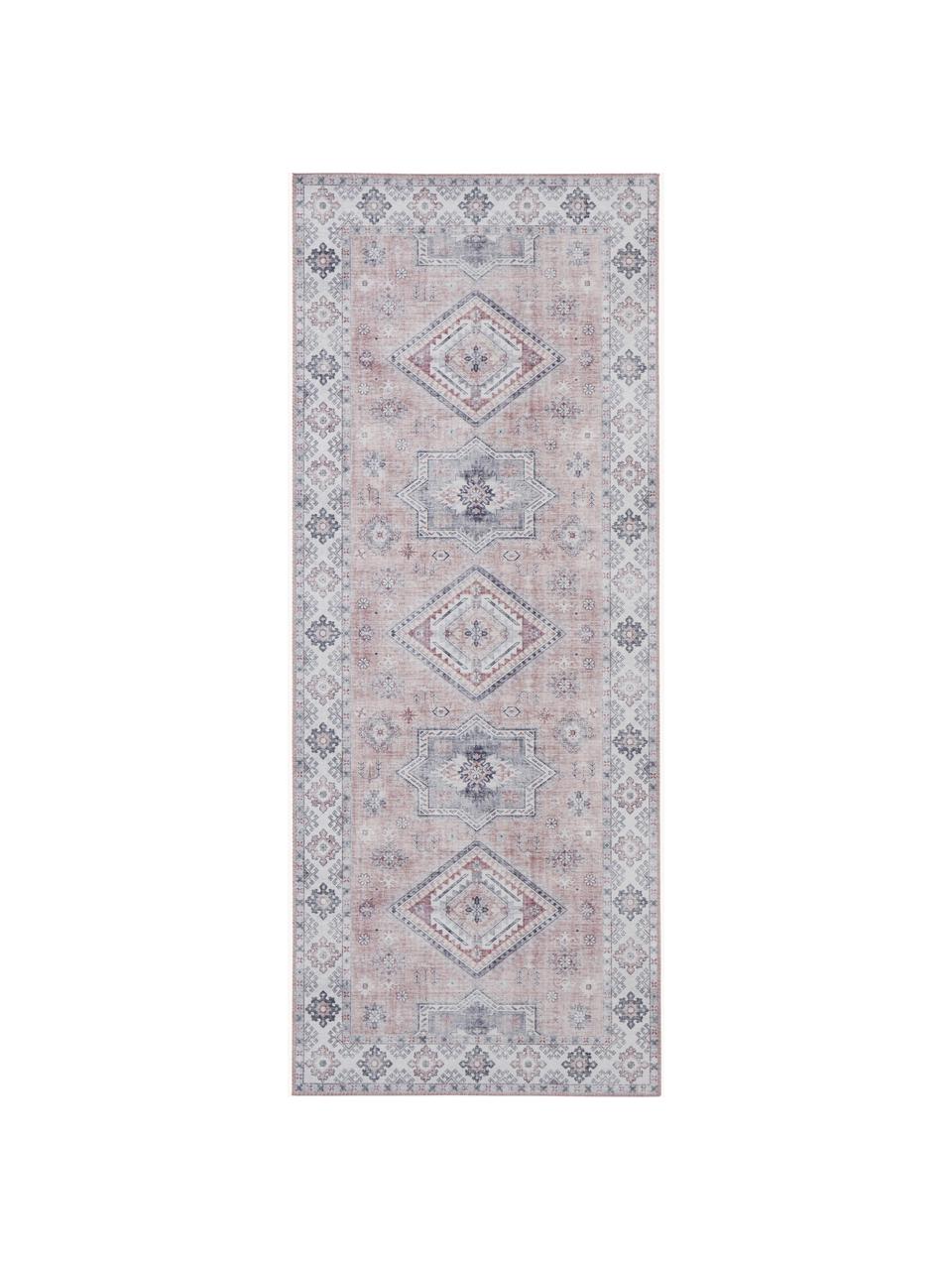 Passatoia in stile vintage Gratia, 100% poliestere, Tonalità di rosa e grigio, Larg. 80 x Lung. 200 cm