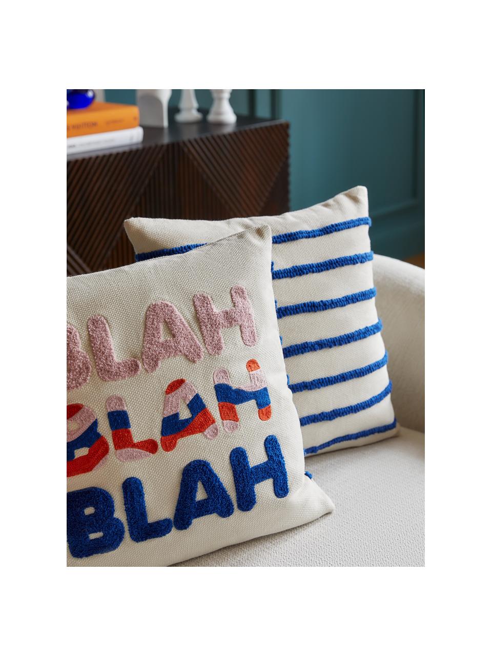 Dubbelzijdige kussenhoes Blah Blah met geborduurde opschrift, 100% katoen, Wit, blauw, lichtroze, koraalrood, B 45 x L 45 cm