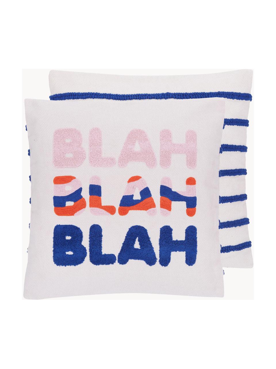 Dubbelzijdige kussenhoes Blah Blah met geborduurde opschrift, 100% katoen, Wit, blauw, lichtroze, koraalrood, B 45 x L 45 cm