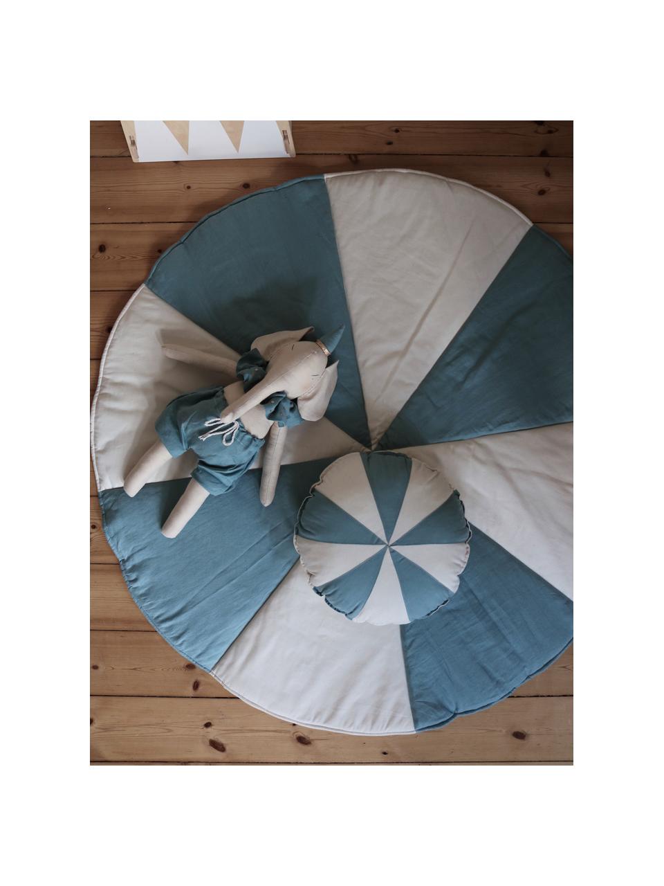 Coussin patchwork en lin Circus, Blanc crème, bleu, Ø 39 x haut. 10 cm