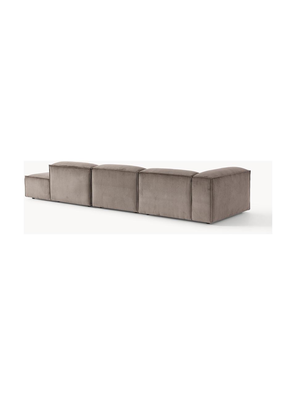 Chaise longue XL componibile in velluto a coste Lennon, Rivestimento: velluto a coste (92% poli, Struttura: legno di pino massiccio, , Piedini: plastica I piedini si tro, Velluto a coste taupe, Larg. 357 x Prof. 119 cm, schienale a sinistra