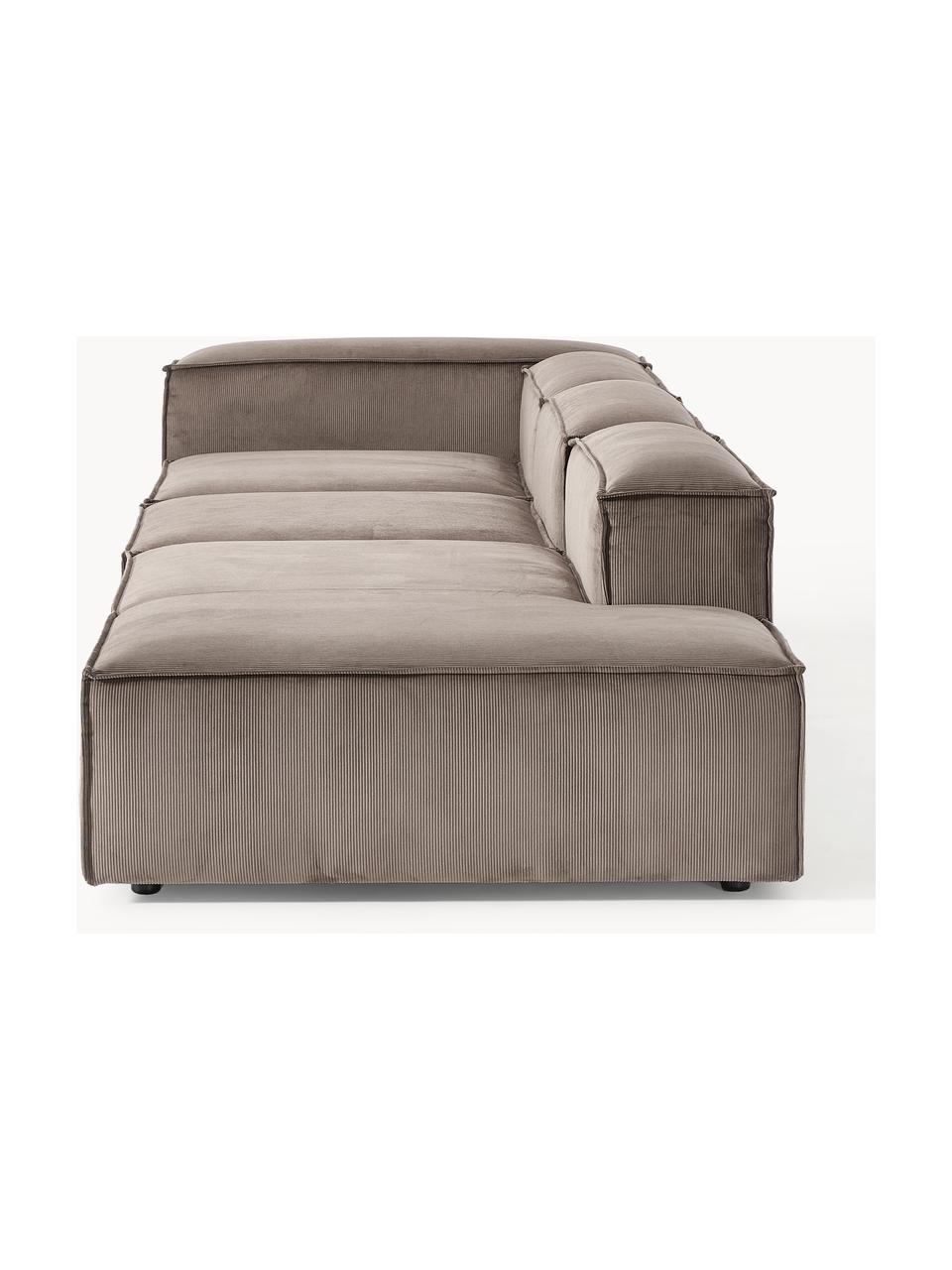 Chaise longue XL componibile in velluto a coste Lennon, Rivestimento: velluto a coste (92% poli, Struttura: legno di pino massiccio, , Piedini: plastica I piedini si tro, Velluto a coste taupe, Larg. 357 x Prof. 119 cm, schienale a sinistra