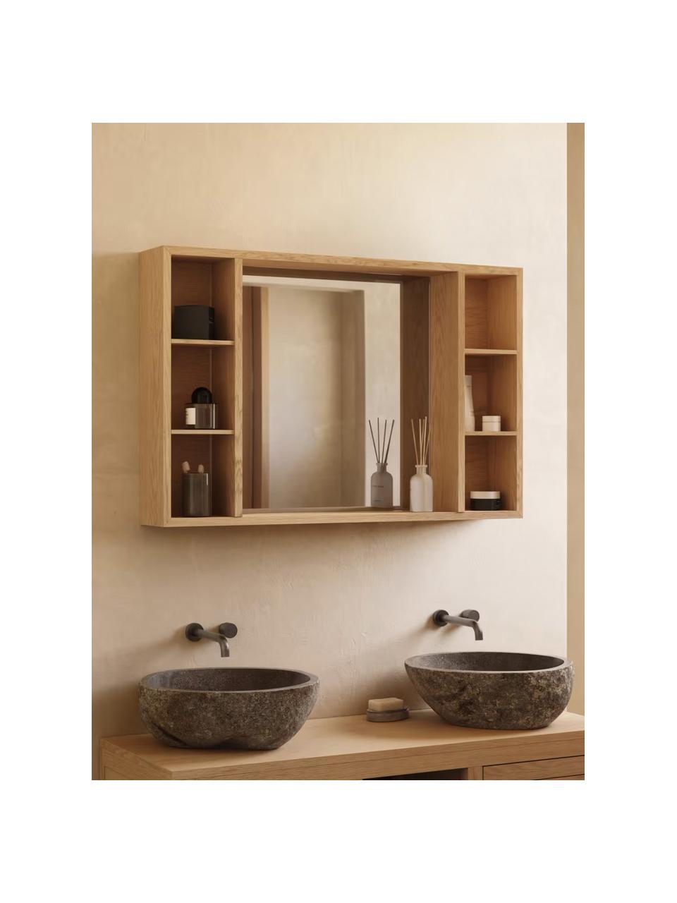 Mobile da bagno con specchio Parana, Struttura: legno di teak, Legno di teak, lastra di vetro, Larg. 100 x Alt. 65 cm
