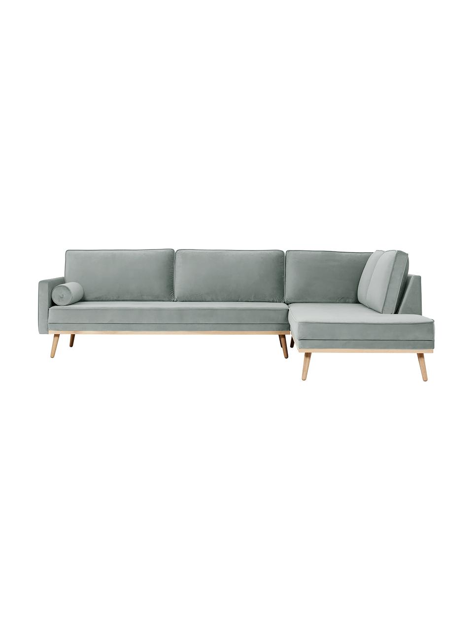 Sofa narożna z aksamitu z nogami z drewna dębowego Saint (4-osobowa), Tapicerka: aksamit (poliester) Dzięk, Szałwiowozielona tkanina, S 294 x G 220 cm
