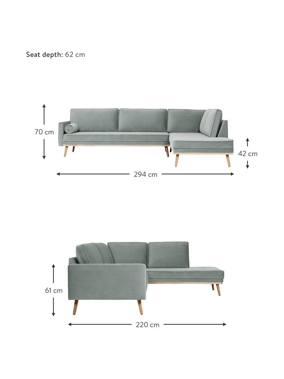 Fluwelen hoekbank Saint (4-zits) in saliekleur met eikenhouten poten, Bekleding: fluweel (polyester) De sl, Frame: massief eikenhout, spaanp, Geweven stof saliekleurig, B 294 x D 220 cm