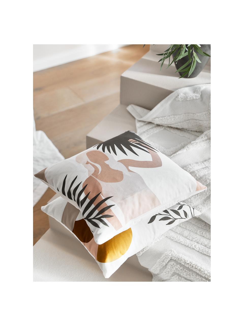 Kissenhülle Malena mit sommerlichem Motiv aus Bio-Baumwolle, 100% Bio-Baumwolle, GOTS-zertifiziert, Apricot, Weiß, Dunkelbraun, B 45 x L 45 cm