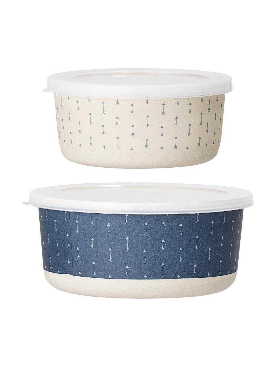 Opbergpottenset Palimbu, 2-delig, Bamboehout, maïs, melamine, hout, polyresin, Blauw, wit, Set met verschillende formaten