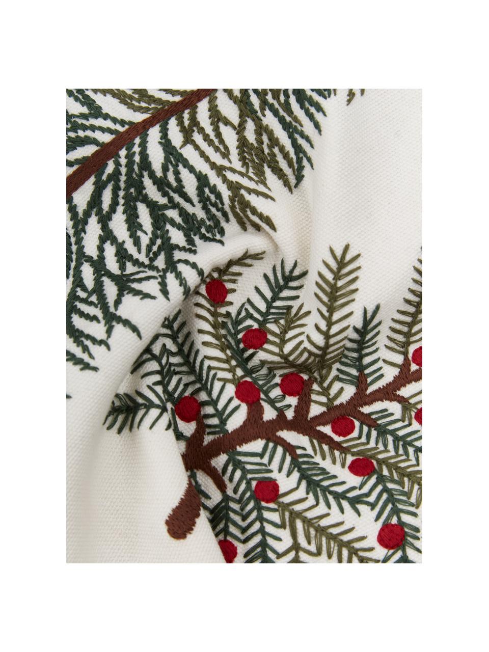 Copricuscino rettangolare ricamato con motivo invernale Fenna, 100% cotone, Verde scuro, bianco crema, rosso, Larg. 30 x Lung. 50 cm