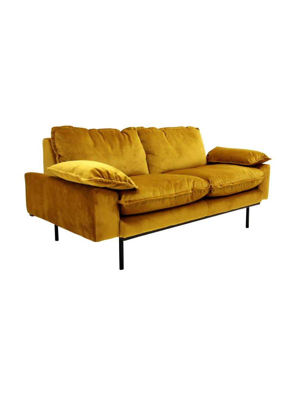 Samt-Sofa Retro (2-Sitzer) in Gelb mit Metall-Füssen, Bezug: Polyestersamt 86.000 Sche, Korpus: Mitteldichte Holzfaserpla, Samt Ockergelb, B 175 x T 83 cm