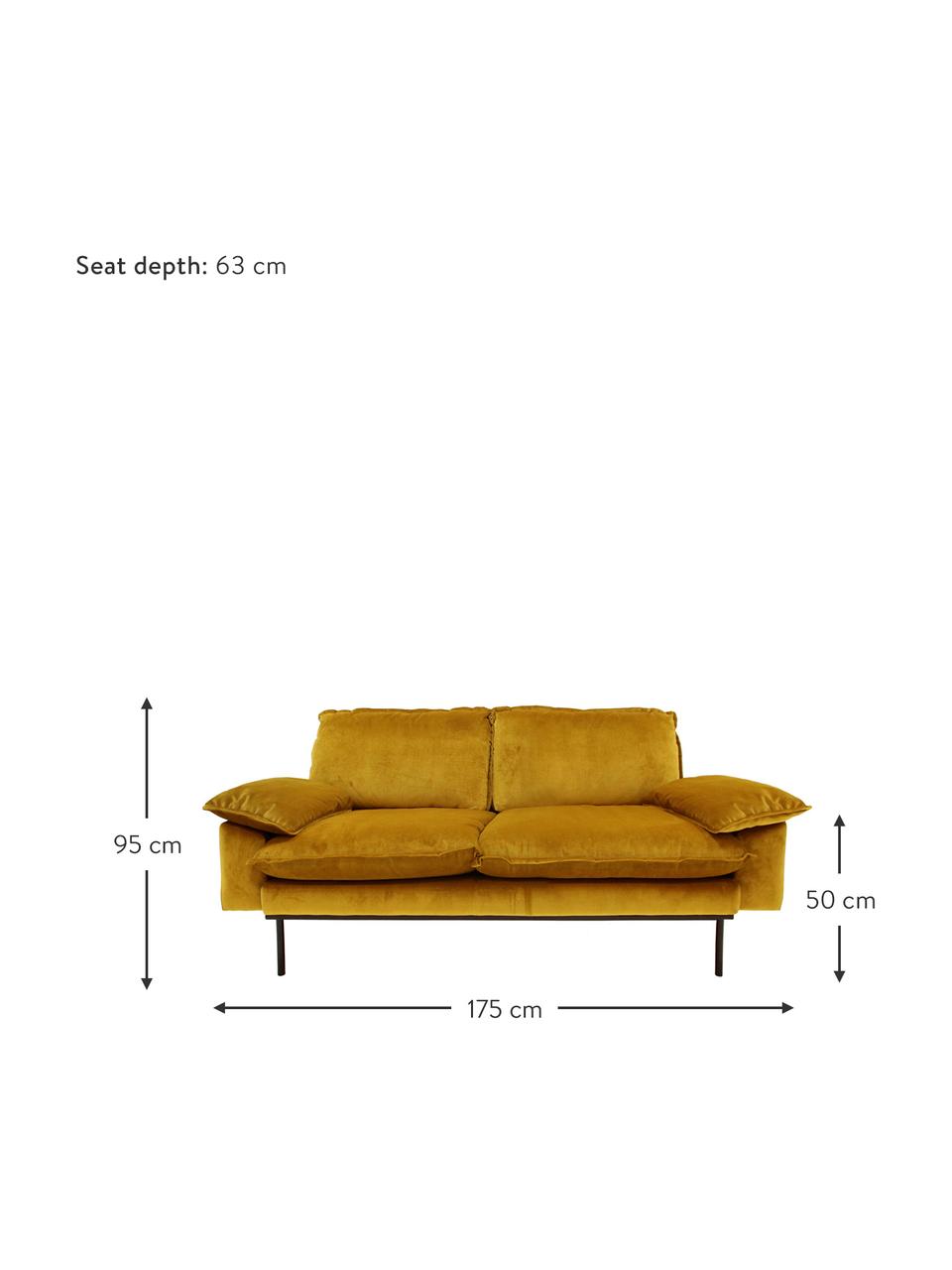 Samt-Sofa Retro (2-Sitzer) mit Metall-Füßen, Bezug: Polyestersamt 86.000 Sche, Korpus: Mitteldichte Holzfaserpla, Füße: Metall, pulverbeschichtet, Samt Ockergelb, B 175 x T 83 cm