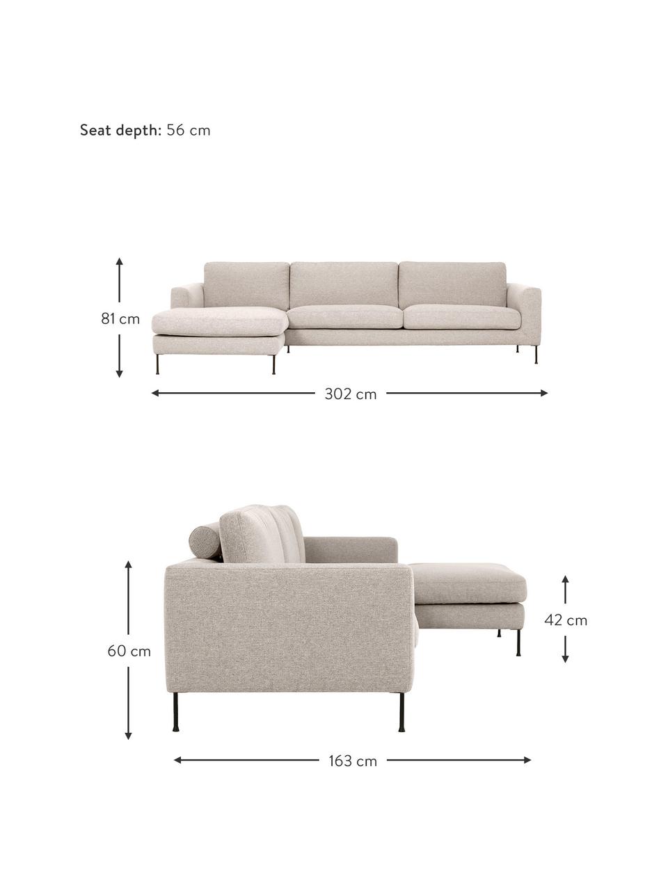 Sofá rinconera Cucita (4 plazas), Tapizado: tejido (poliéster) Alta r, Estructura: madera de pino maciza, Patas: metal pintado, Tejido beige, An 302 x F 163 cm, chaise longue izquierda