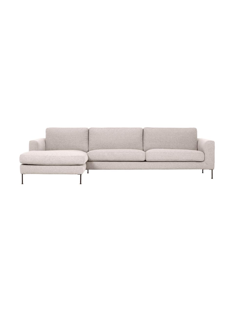 Sofa narożna z metalowymi nogami Cucita (4-osobowa), Tapicerka: tkanina (poliester) Dzięk, Stelaż: lite drewno sosnowe z cer, Nogi: metal lakierowany, Beżowa tkanina, S 302 x G 163 cm, lewostronna