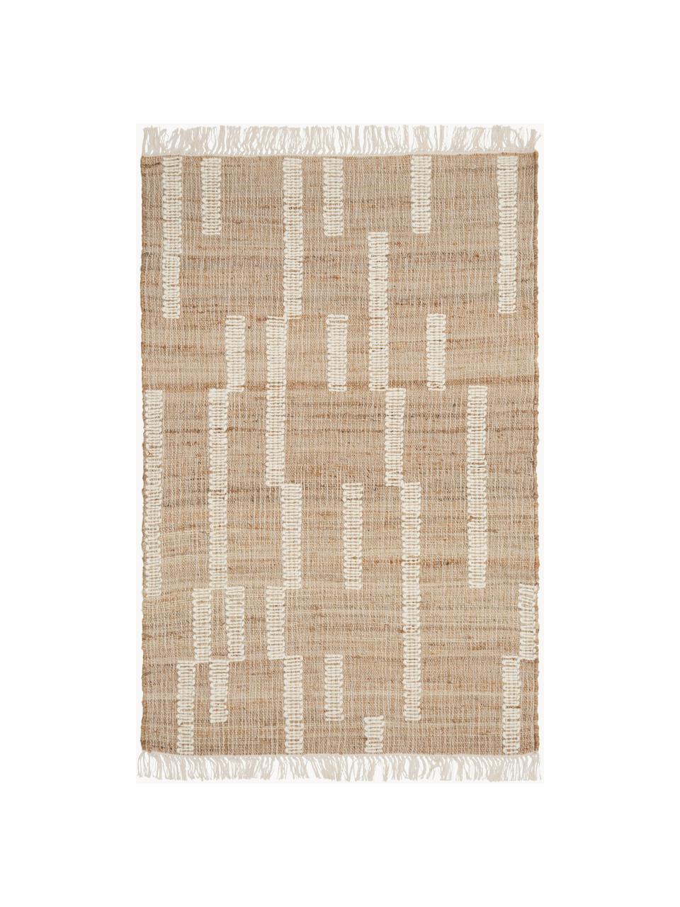 Handgemaakt jute vloerkleed Kerala met franjes, 68% jute, 23% katoen, 9% wol, Bruin, crèmewit, B 80 x L 150 cm (maat XS)