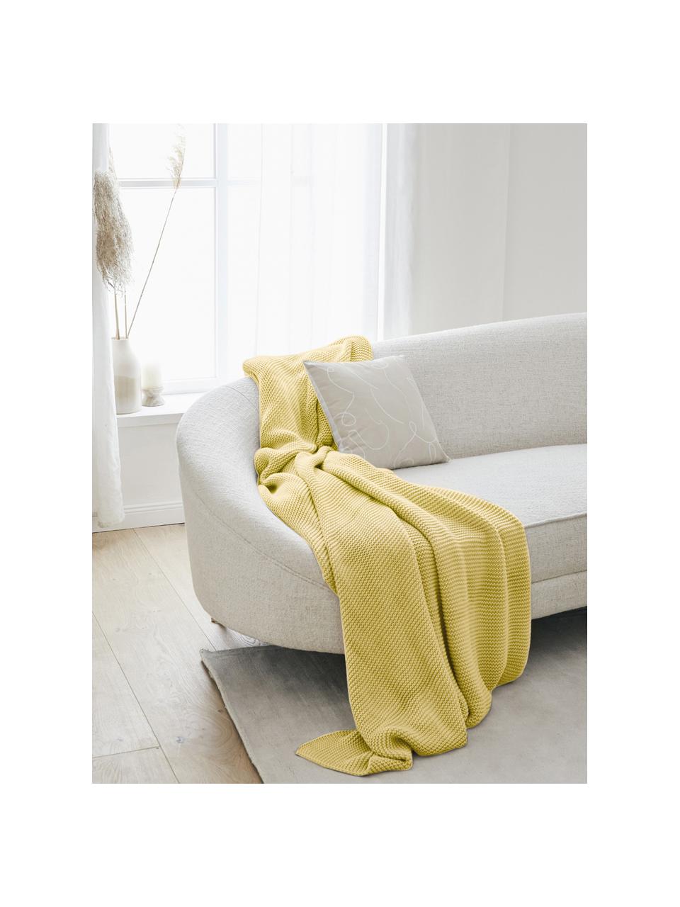 Coperta a maglia in cotone organico giallo chiaro Adalyn, 100% cotone organico, certificato GOTS, Giallo chiaro, Larg. 150 x Lung. 200 cm