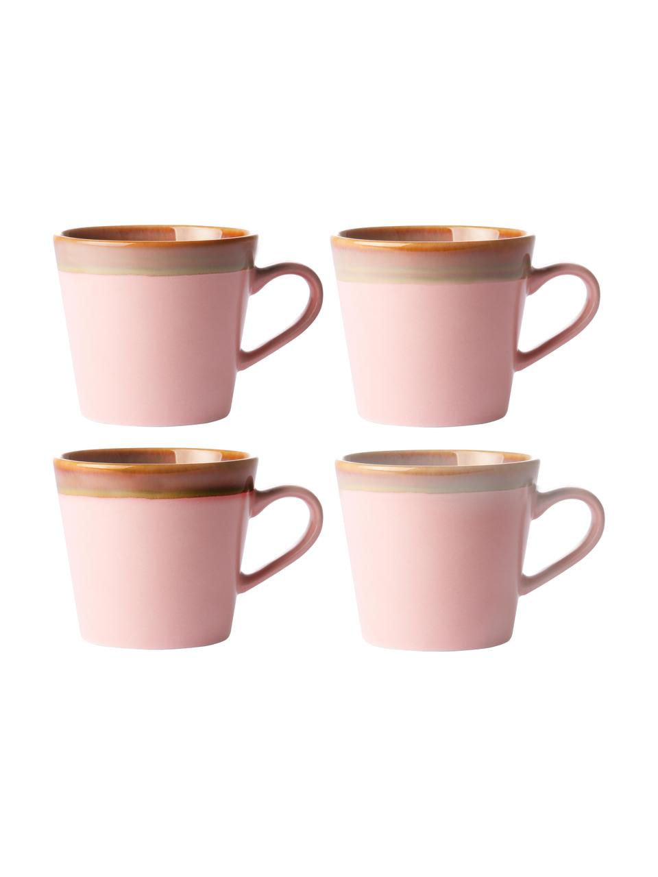 Handgemaakte mokken 70's in retro stijl, 4 stuks, Keramiek, Roze, beige, Ø 12 x H 9 cm, 300 ml