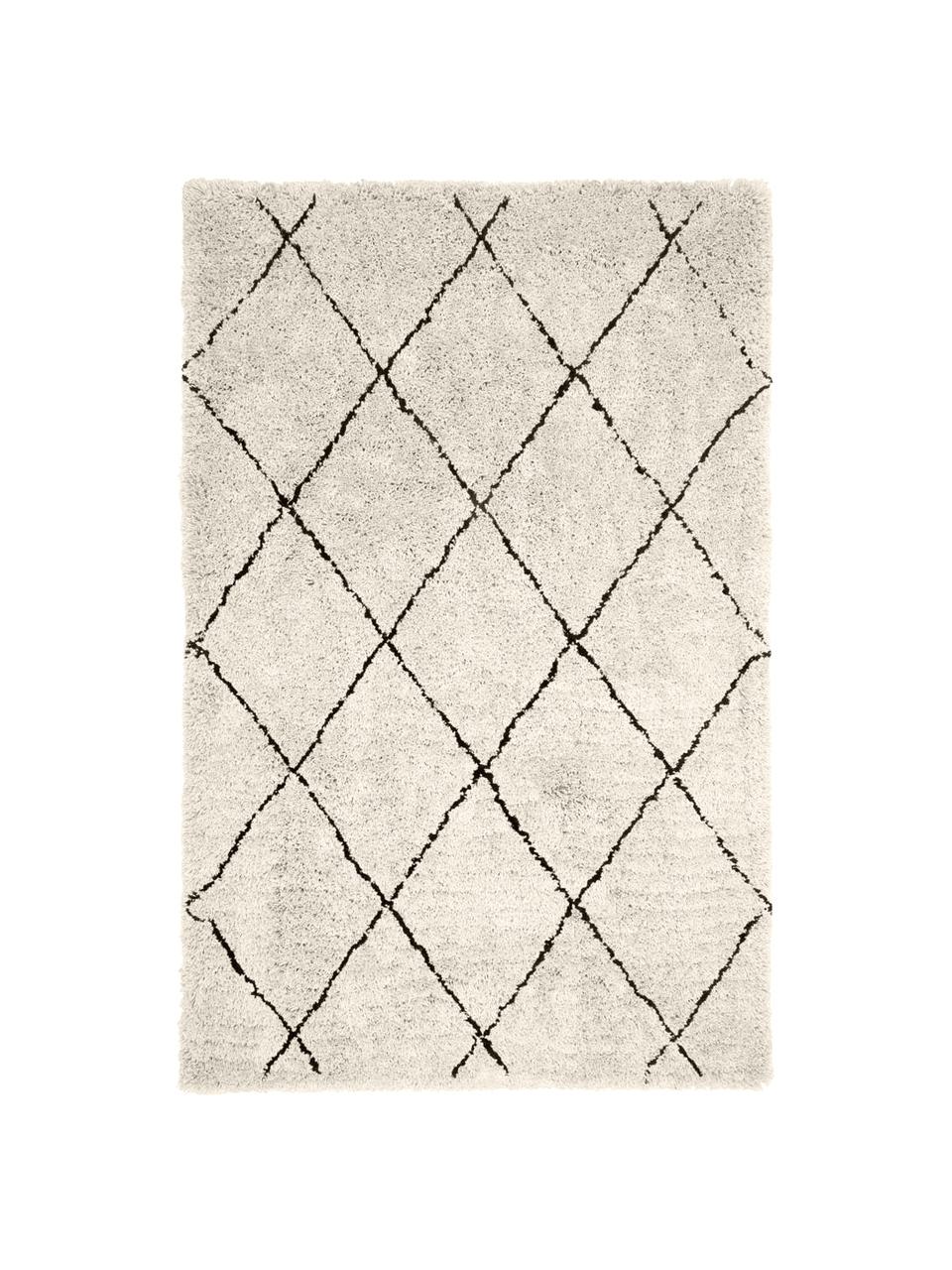 Pluizig hoogpolig vloerkleed Naima, handgetuft, Bovenzijde: 100% polyester, Onderzijde: 100% gerecycled polyester, Beige, zwart, B 400 x L 500 cm