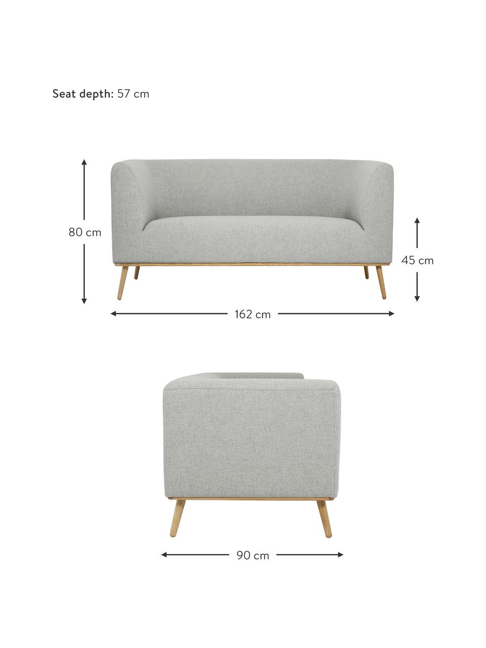 Pohovka s dubovými nohami Archie (2-miestna), Svetlosivá, Š 162 x H 90 cm