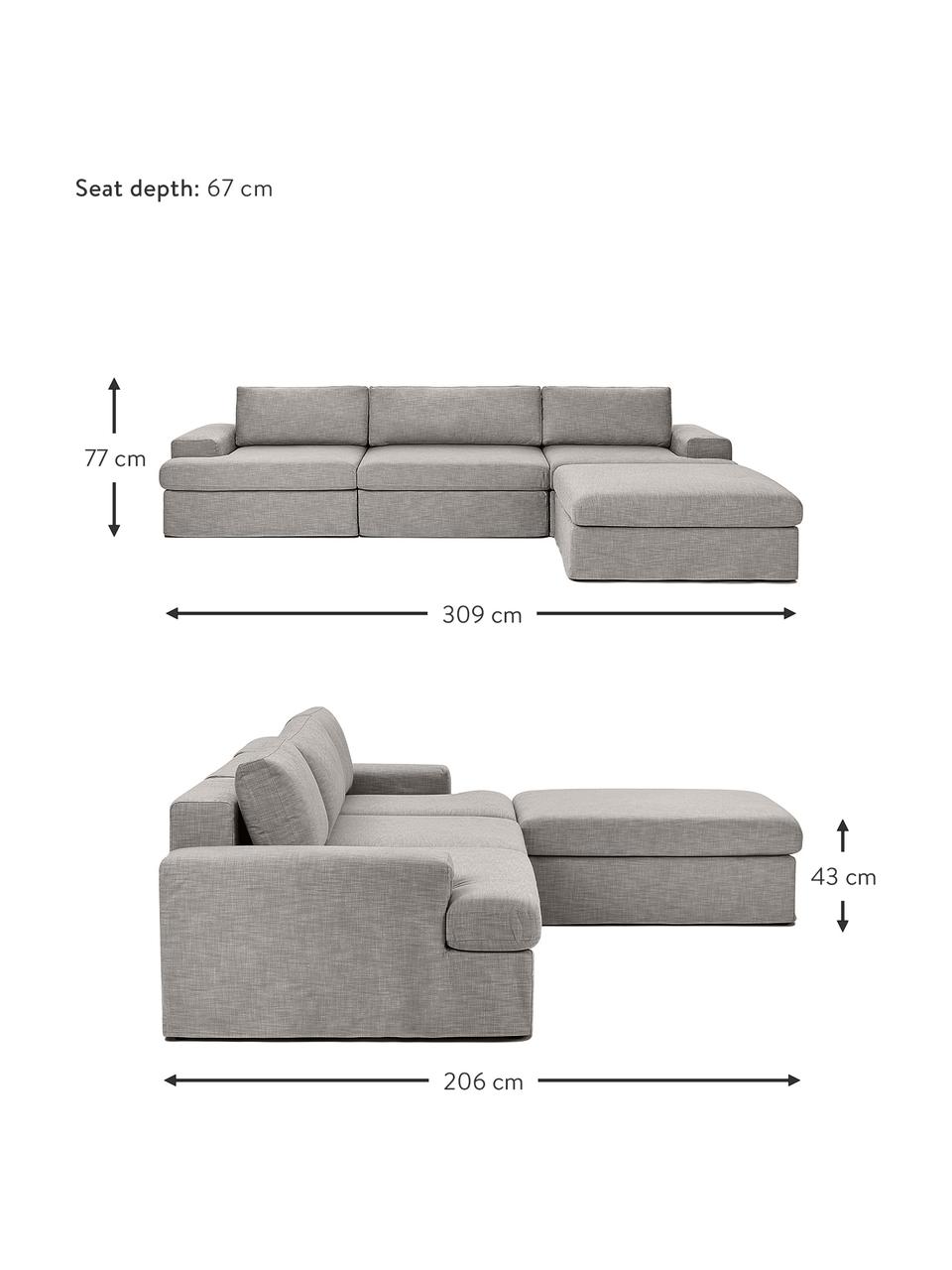 Divano componibile 4 posti Russell, Rivestimento: 100% cotone Con 50.000 ci, Struttura: legno di pino massiccio c, Piedini: materiale sintetico, Tessuto grigio, Larg. 309 x Alt. 77 cm