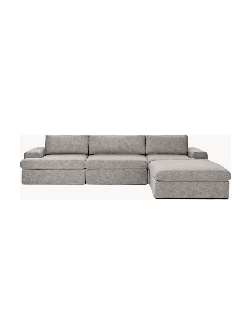 Canapé modulable 4 places avec pouf et revêtement amovible Russell, Tissu gris, larg. 309 x prof. 206 cm