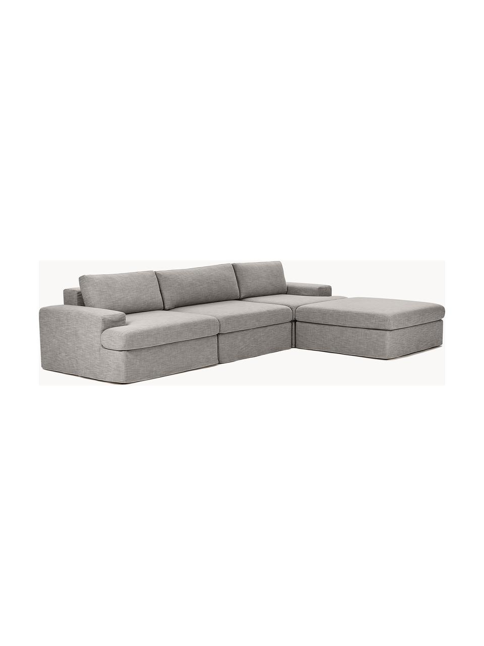 Modulares Sofa Russell (4-Sitzer) mit Hocker (links/rechts), Bezug: 100% Baumwolle Der strapa, Gestell: Massives Kiefernholz, Spe, Füße: Kunststoff Dieses Produkt, Webstoff Grau, B 309 x T 206 cm