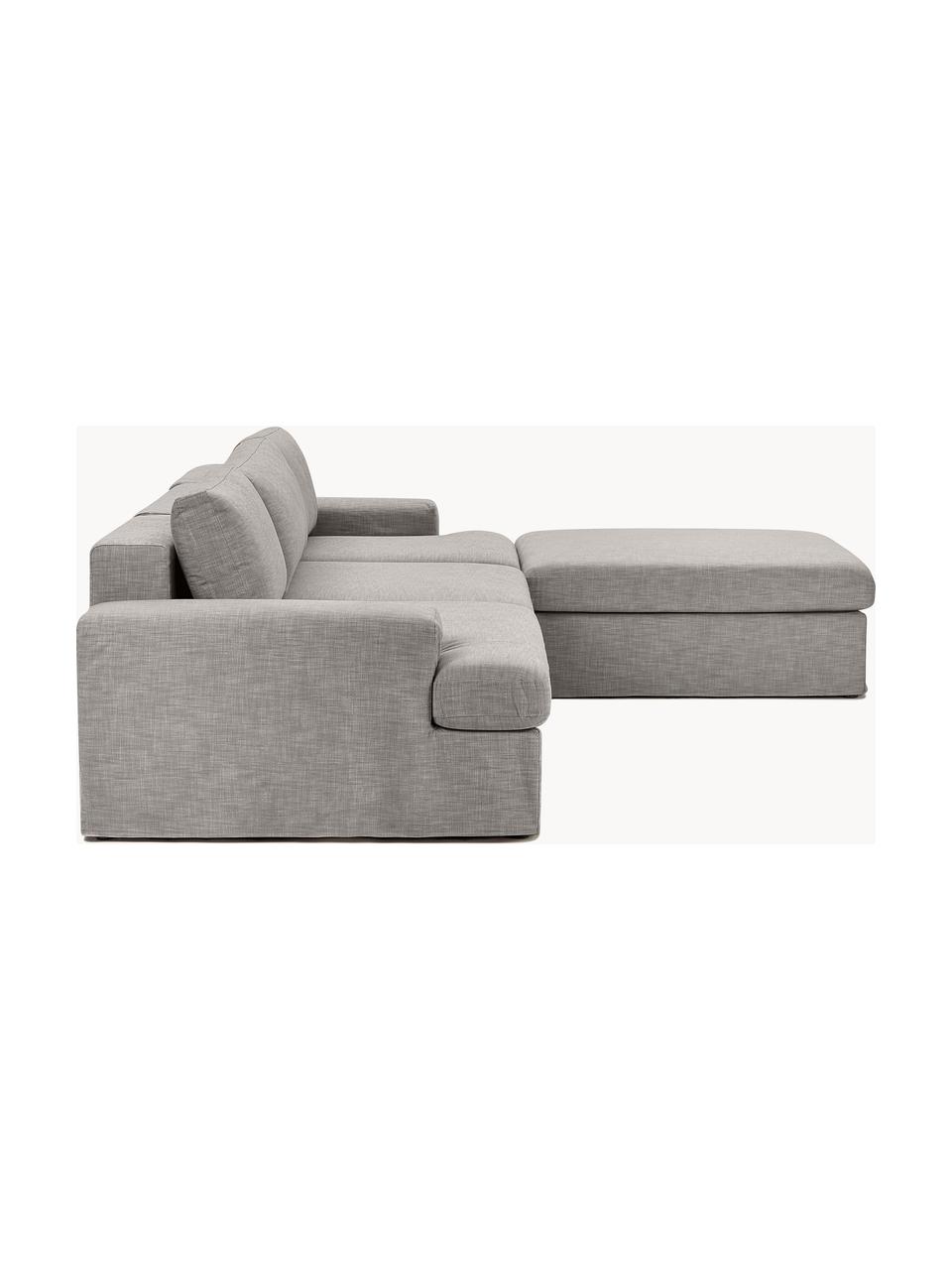 Modulares Sofa Russell (4-Sitzer) mit Hocker, mit abnehmbaren Bezügen, Bezug: 100% Baumwolle Der strapa, Gestell: Massives Kiefernholz, Spe, Füße: Kunststoff Dieses Produkt, Webstoff Grau, B 309 x T 206 cm