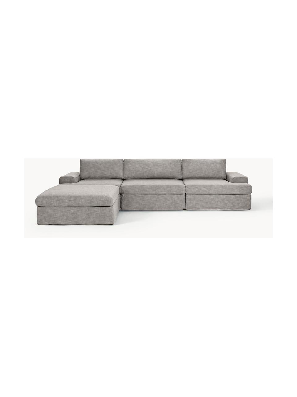 Modulares Sofa Russell (4-Sitzer) mit Hocker (links/rechts), Bezug: 100% Baumwolle Der strapa, Gestell: Massives Kiefernholz, Spe, Füße: Kunststoff Dieses Produkt, Webstoff Grau, B 309 x T 206 cm