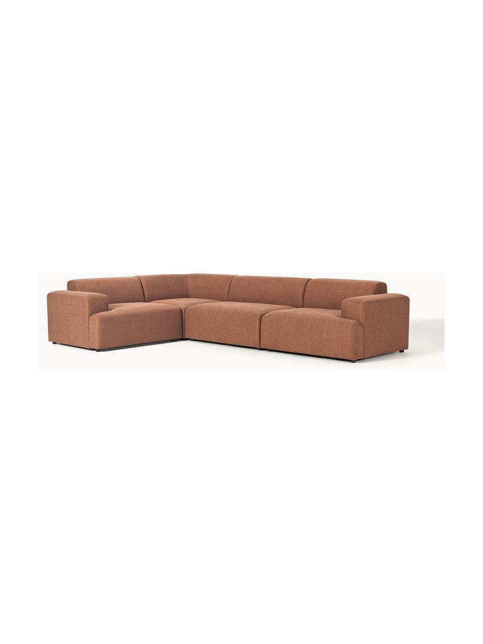 Großes Ecksofa Melva (4-Sitzer), Bezug: 100 % Polyester Der strap, Gestell: Massives Kiefern- und Fic, Füße: Kunststoff Dieses Produkt, Webstoff Nougat, B 339 x T 220 cm, Eckteil links