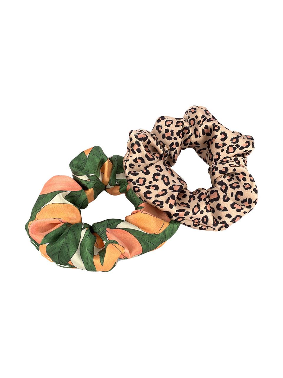 Set 2 scrunchies elastici per capelli Savannah & Peach, Tessuto: raso, Multicolore, Ø 8 cm