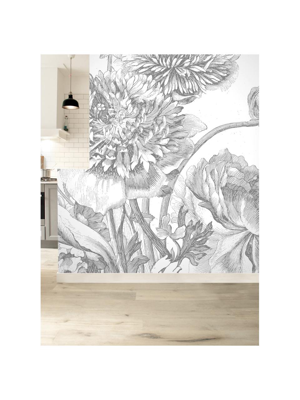 Papel pintado Engraved Flowers, Tejido no tejido, ecológica y biodegradable, Gris, blanco, An 389 x Al 280 cm