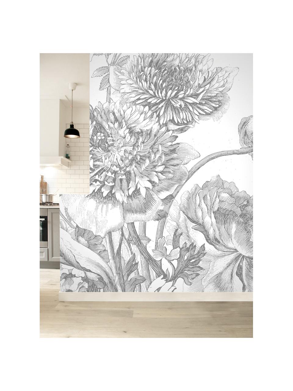 Papel pintado Engraved Flowers, Tejido no tejido, ecológica y biodegradable, Gris, blanco, An 389 x Al 280 cm