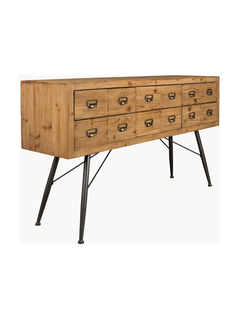 Credenza industriale in legno con cassetti Six, Gambe: ferro verniciato, Maniglie: ferro vintage, Legno di abete, Larg. 150 x Alt. 84 cm