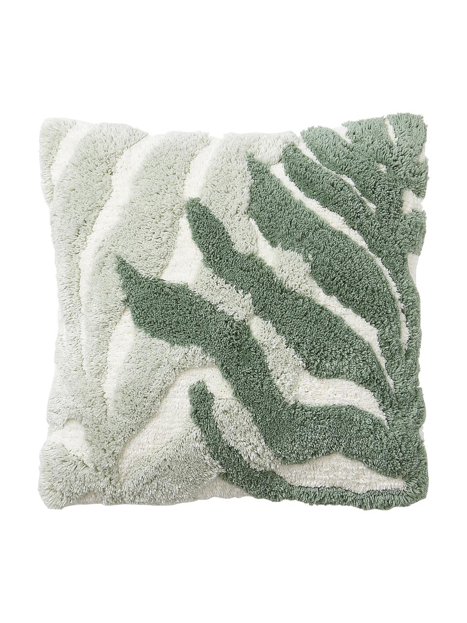 Baumwoll-Kissenhülle Sela mit getuftetem Pflanzen-Motiv in Grün, 100 % Baumwolle, BCI-zertifiziert, Grün,Cremeweiß, B 45 x L 45 cm