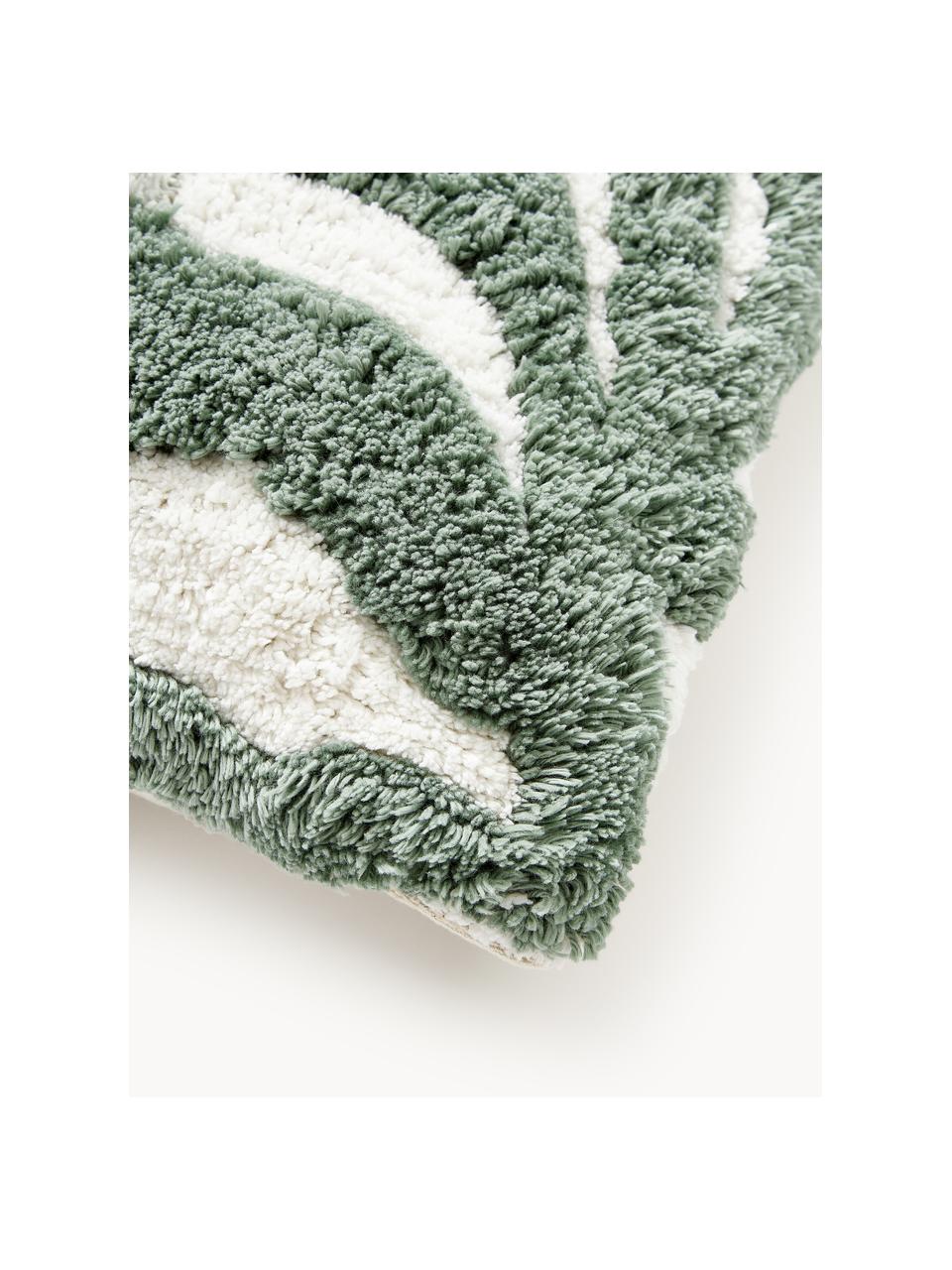 Copricuscino in cotone con motivo foglie trapuntato Sela, 100% cotone, Verde, bianco crema, Larg. 45 x Lung. 45 cm