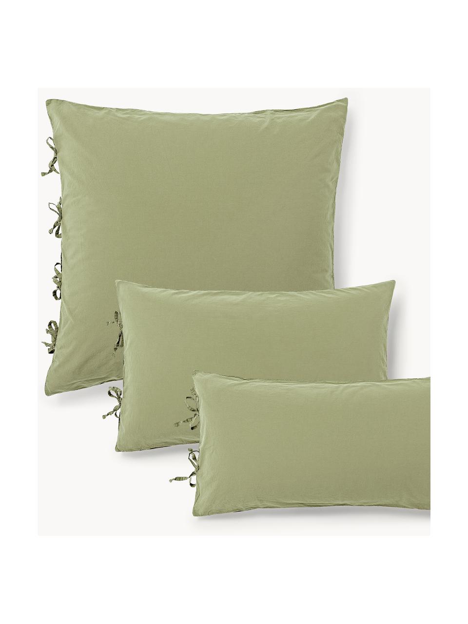 Taie d'oreiller en percale de coton délavé Leonie, Vert olive, larg. 50 x long. 70 cm