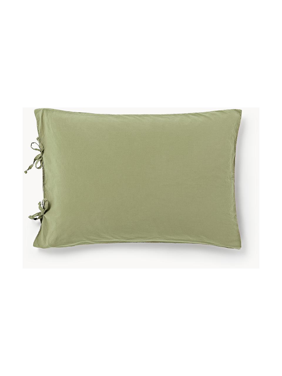 Taie d'oreiller en percale de coton délavé Leonie, Vert olive, larg. 50 x long. 70 cm