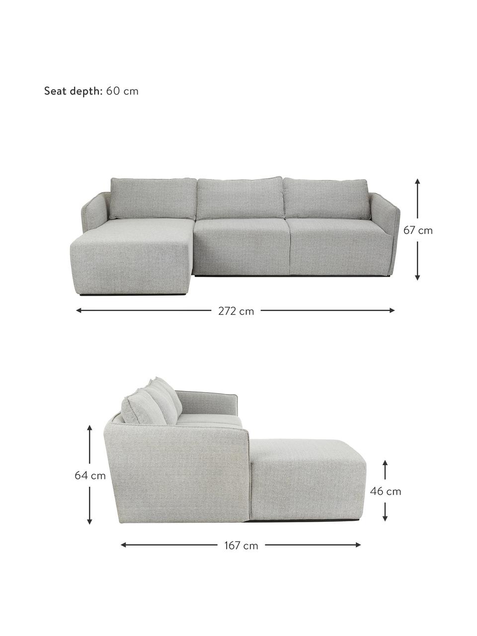 Divano 4 posti in tessuto grigio John, Rivestimento: 100% poliestere Il rivest, Struttura: legno massiccio di frassi, Piedini: materiale sintetico, Grigio, Larg. 272 x Lung. 85 cm, chaise-longue a sinistra