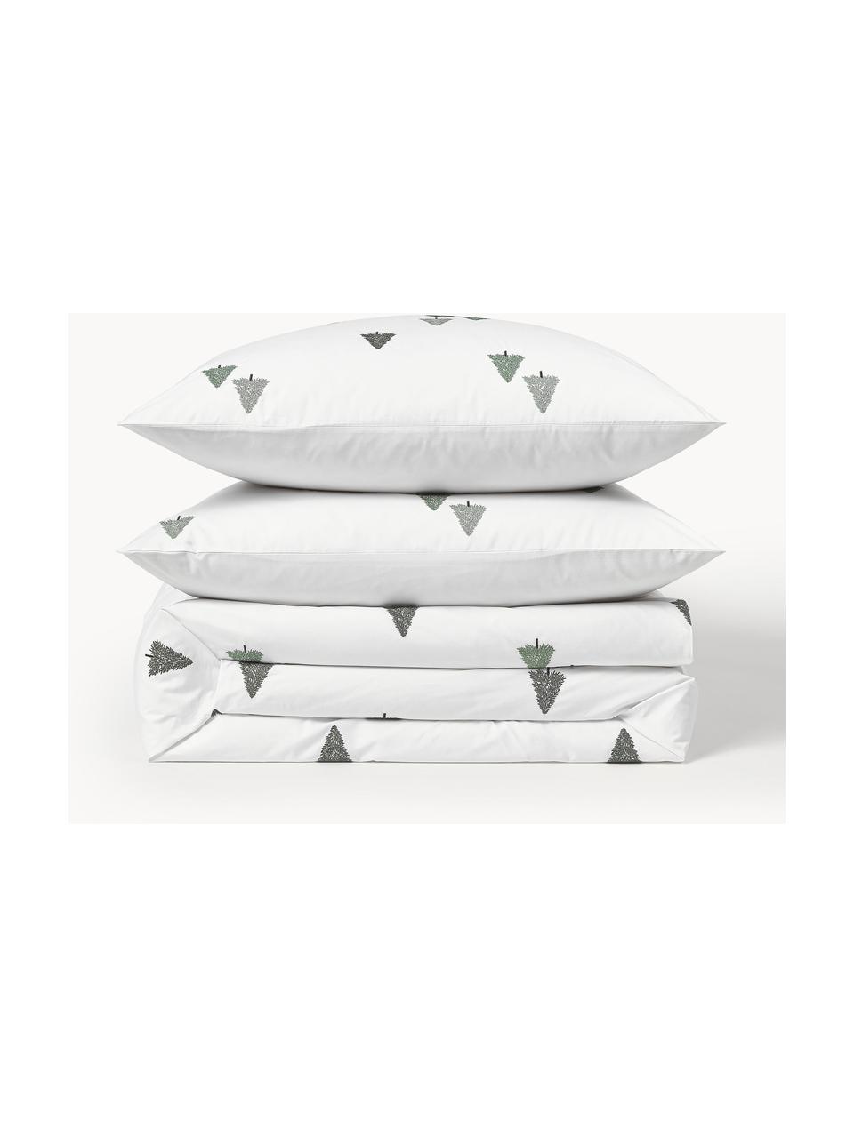 Housse de couette en percale de coton avec sapins Darina, Blanc, vert, gris, larg. 200 x long. 200 cm