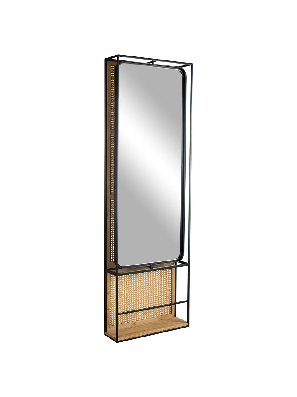 Garderobe Langres mit drehbarem Spiegel aus Rattan, Spiegelfläche: Spiegelglas, Gestell: Metall, pulverbeschichtet, Beige, Schwarz, B 53 x H 165 cm