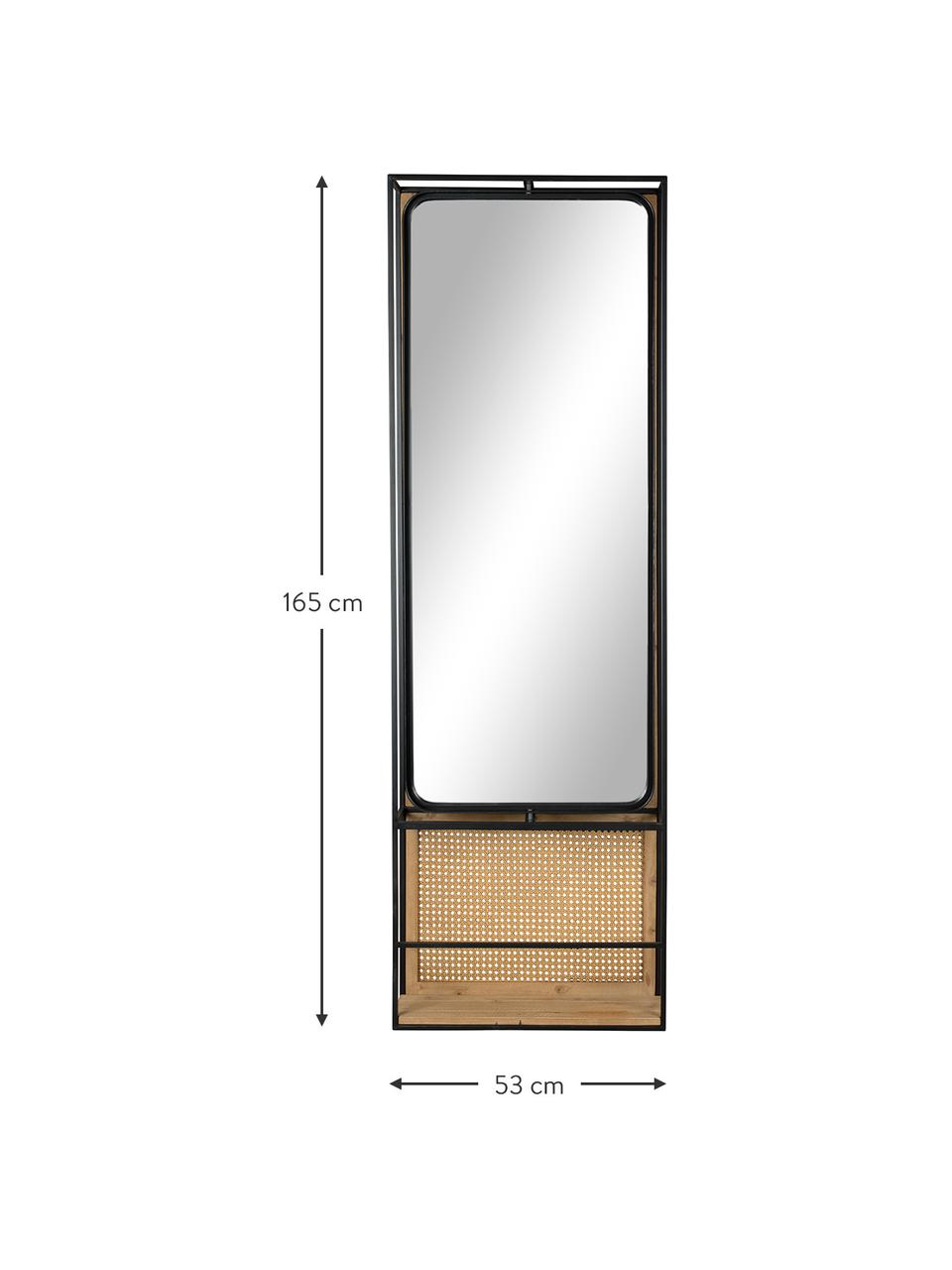 Garderobe Langres mit drehbarem Spiegel aus Rattan, Spiegelfläche: Spiegelglas, Gestell: Metall, pulverbeschichtet, Beige, Schwarz, B 53 x H 165 cm